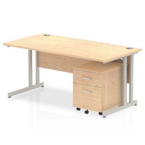 Impulse 1600 x 800mm Straight Office Desk Maple Top Silver Cant Leg Workstation 2 Draw Mobile