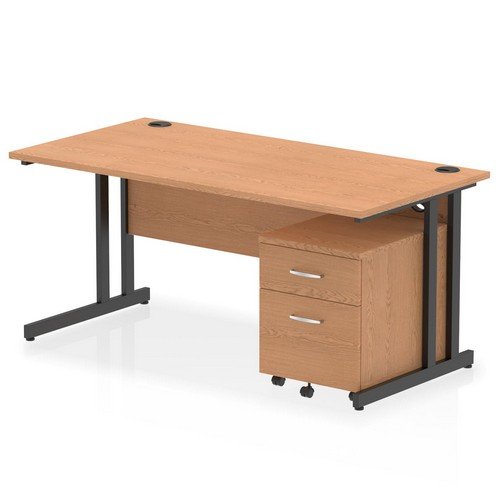Impulse 1600 x 800mm Straight Office Desk Oak Top Black Cant Leg Workstation 2 Draw Mobile