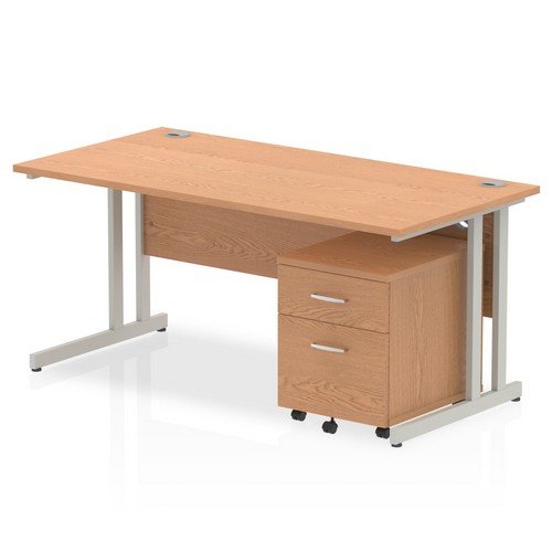 Impulse 1600 x 800mm Straight Office Desk Oak Top Silver Cant Leg Workstation 2 Draw Mobile