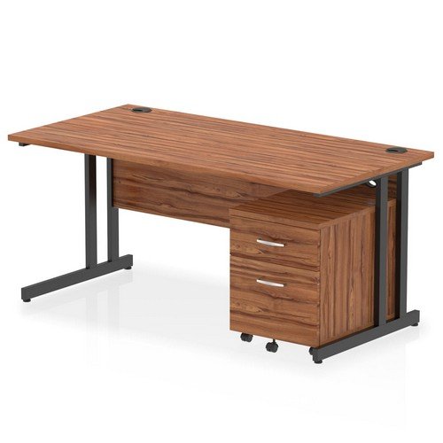Impulse 1600 x 800mm Straight Office Desk Walnut Top Black Cant Leg Workstation 2 Draw Mobile
