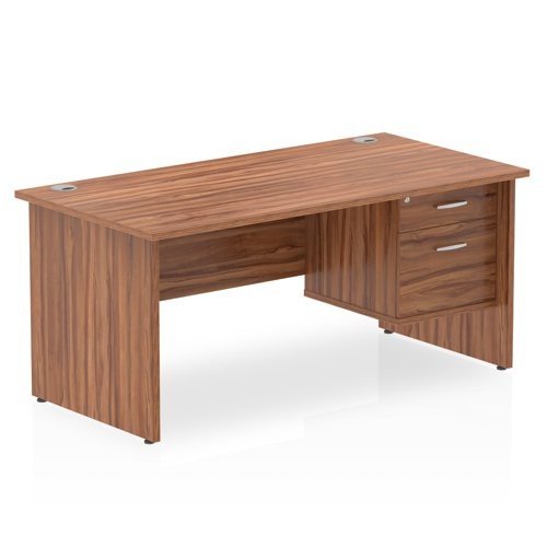 Impulse 1600 x 800mm Straight Office Desk Walnut Top Panel End Leg Workstation 1 x 2 Draw Fixed