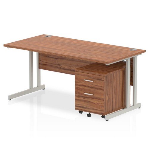 Impulse 1600 x 800mm Straight Office Desk Walnut Top Silver Cant Leg Workstation 2 Draw Mobile