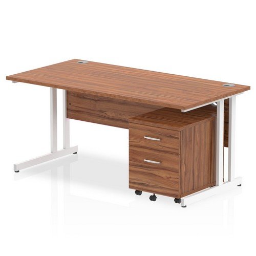 Impulse 1600 x 800mm Straight Office Desk Walnut Top White Cant Leg Workstation 2 Draw Mobile