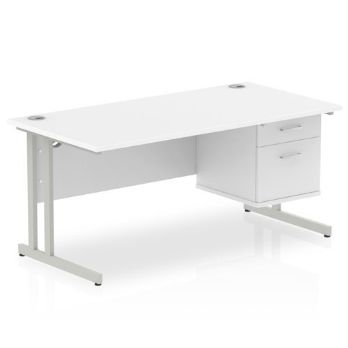 Impulse 1600 x 800mm Straight Office Desk White Top Silver Cant Leg Workstation 1 x 2 Draw Fixed