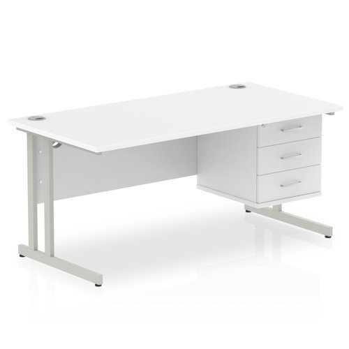 Impulse 1600 x 800mm Straight Office Desk White Top Silver Cant Leg Workstation 1 x 3 Draw Fixed