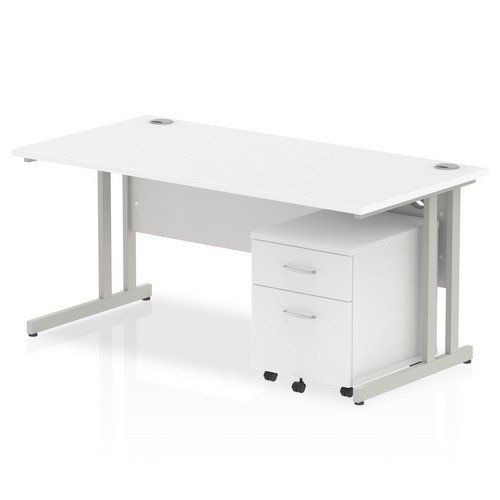 Impulse 1600 x 800mm Straight Office Desk White Top Silver Cant Leg Workstation 2 Draw Mobile