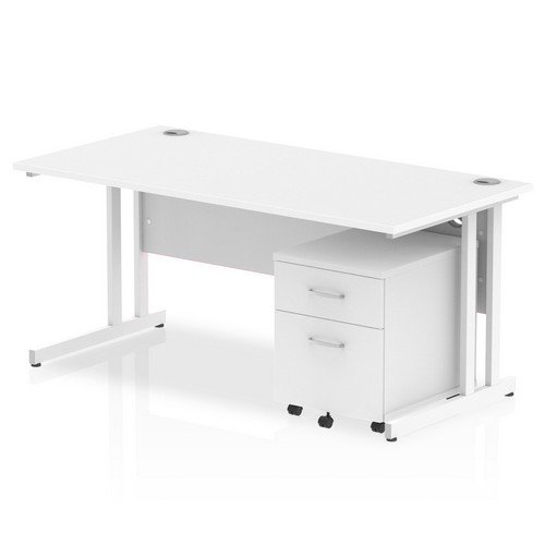 Impulse 1600 x 800mm Straight Office Desk White Top White Cant Leg Workstation 2 Draw Mobile