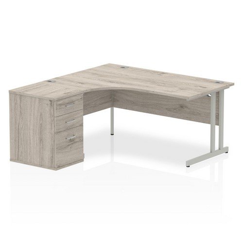Impulse 1600mm Left Crescent Office Desk Grey Oak Top Silver Cant Leg Wstn 600 Deep Desk High
