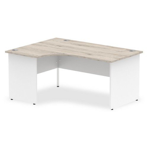 Impulse 1600mm Left Crescent Office Desk Grey Oak Top White Panel End Leg