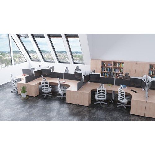 Impulse 1600mm Left Crescent Office Desk Maple Top Silver Cant Leg Workstation 600 Deep Desk High