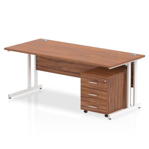 Impulse 1800 x 800mm Straight Office Desk Walnut Top White Cant Leg Workstation 3 Draw Mobile
