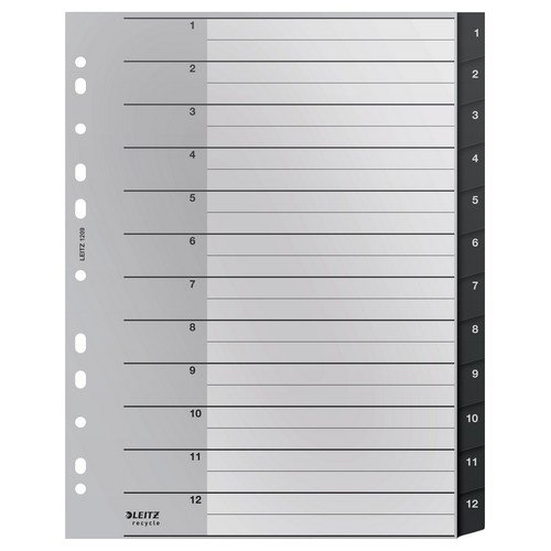 Leitz Recycle Index PP extra wide A4 Maxi 1-12 numerical tabs. Black