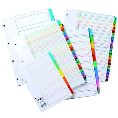 Concord Multicoloured 1-20 Numeric Index Mylar Tabs A4 Coloured Printed File Dividers DV9180