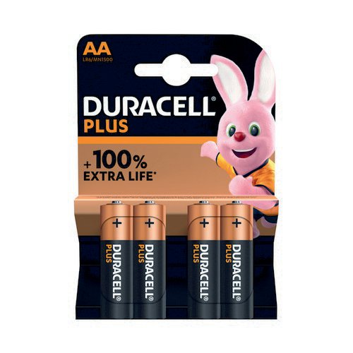 Duracell Plus AA Battery Alkaline 100% Extra Life (Pack of 4) 5009370 Disposable Batteries EA2606