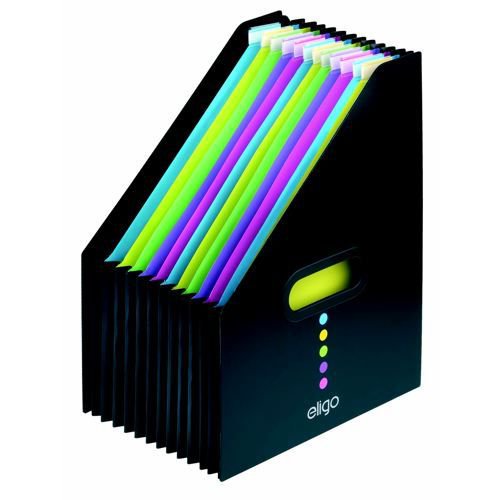 Snopake Eligo Desk Organiser Expanding Polypropylene + Colour-Coded Tabs 13-Part Portrait Black