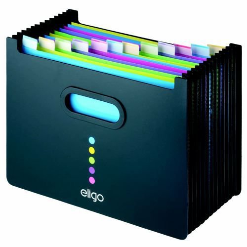 Snopake Eligo Desk Organiser Expanding Polypropylene With Colour-Coded Tabs 13-Part Landscape Black