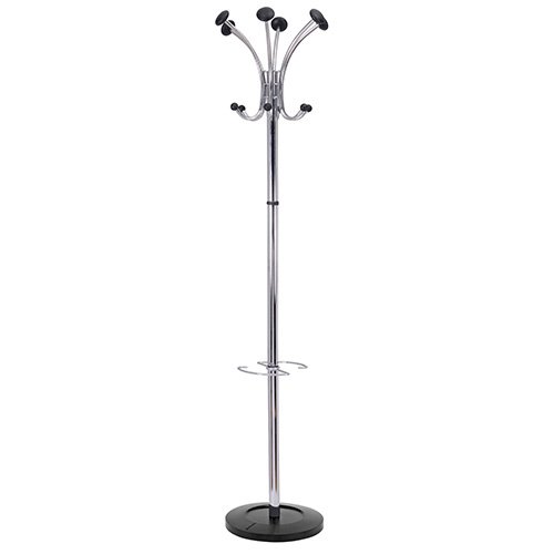 Alba Chrome Finish Coat Stand With 6 Coat Pegs 4 Hooks For Accessories 1 Peg With Umbrella Hanger