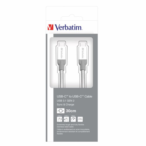 Verbatim UsbC To UsbC Stainless Steel Sync & Charge Cable Usb 3.1 Gen 2 30Cm
