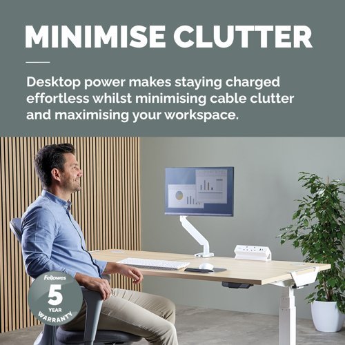Fellowes Power Desk 2 Socket with 2 Power Sockets 1 USB-A & USB-C Ports White