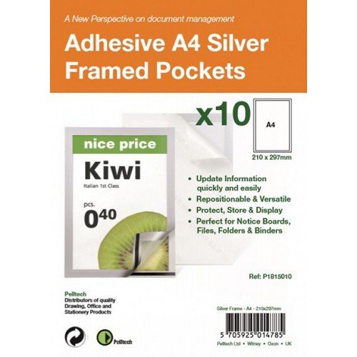 Pelltech A4 Repositionable Self Adhesive Magnetic Display Frames Silver Pack of 10