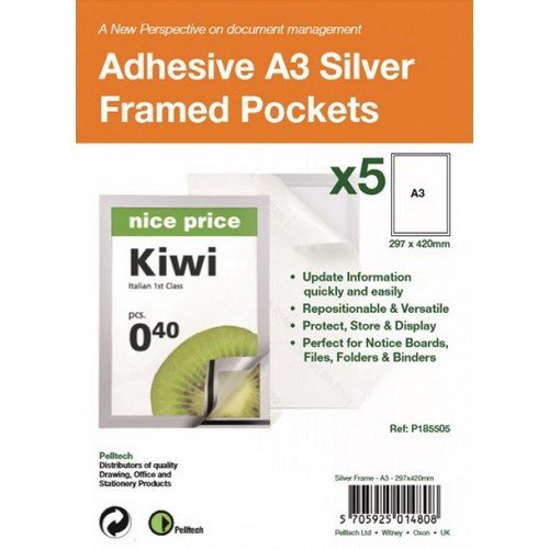 Pelltech A3 Repositionable Self Adhesive Magnetic Display Frames Silver Pack of 5