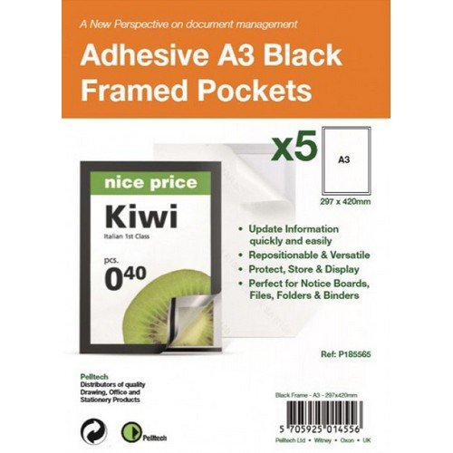 Pelltech A3 Repositionable Self Adhesive Magnetic Display Frames Black Pack of 5