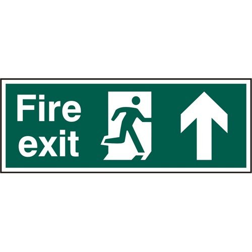 Fire Exit sign with running man and arrow up (400 x 150mm). Manufactured from strong rigid PVC and i