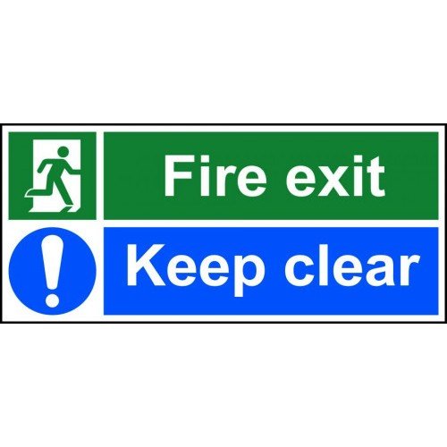 Fire Exit Keep Clear sign (450 x 200mm). Manufactured from strong rigid PVC and is non-adhesive 0.8