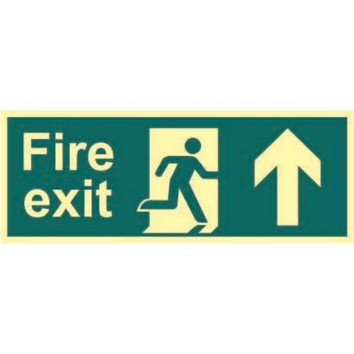Fire Exit Sign with running man and arrow up (400 x 150mm). Made from 1.3mm rigid photoluminescent b