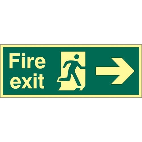 Fire Exit Sign with running man and arrow right (400 x 150mm). Made from 1.3mm rigid photoluminescen