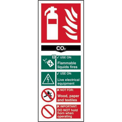 Fire Extinguisher Composite CO2 sign (82 x 202mm). Manufactured from strong rigid PVC and is non-adh