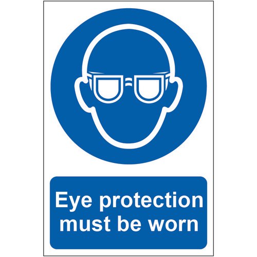Self adhesive semi-rigid PVC Eye Protection Must Be Worn Sign (200x300mm). Easy to fix  simply peel 