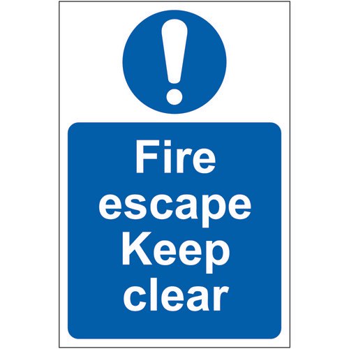 Self adhesive semi-rigid PVC Fire Escape Keep Clear Sign (200 x 300mm). Easy to fix  peel off the ba