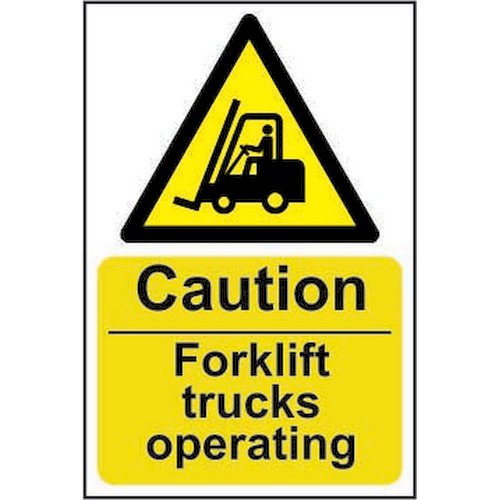 Caution Fork Lift Trucks Operating sign (200 x 300mm). Manufactured from strong rigid PVC and is non