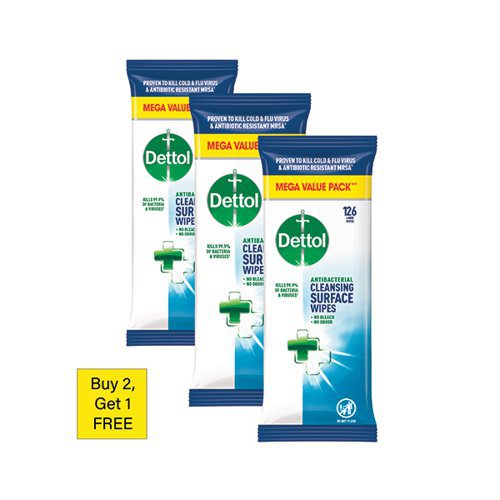 Dettol Antibacterial Cleansing Surface Wipes x126 3 For 2 (Pack of 378) RK800009 Cleaning Wipes JA4457