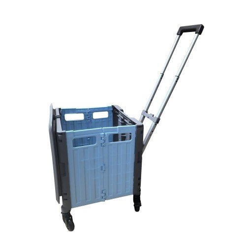 Grey/Blue Folding Box Truck 4 X Swivel Castors Rotating Lid Tilt Handle