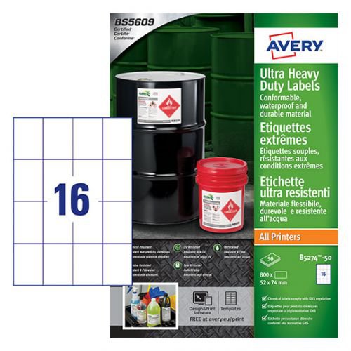 Avery Heavy Duty Ultra Resistant Label 52x74mm 16 Per A4 Sheet White (Pack 800 Labels)