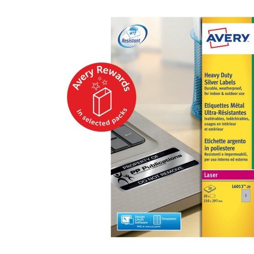 Avery Resistant Labels 210 x 297 mm Permanent 1 Labels Per Sheet 20 Labels Per Pack L6013-20.UK