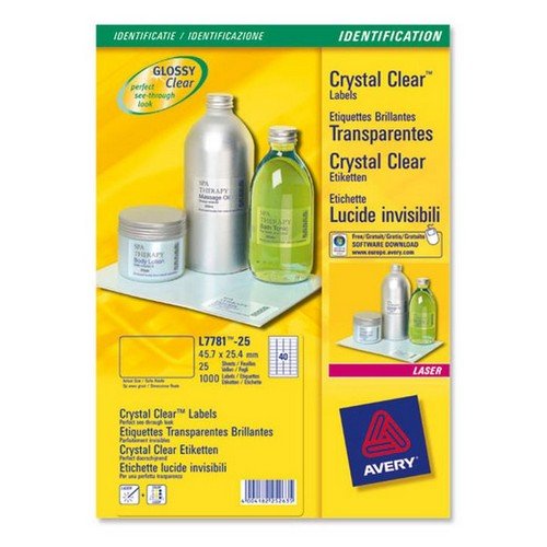 Avery Crystal Clear Laser Labels 21 per Sheet 63.5x38.1mm Transparent 525 Labels Pack 25