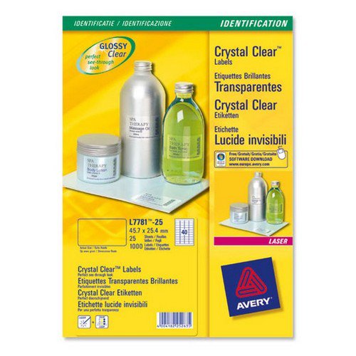 Avery Crystal Clear Laser Labels 1 per Sheet 210x297mm Transparent 25 Labels Pack 25