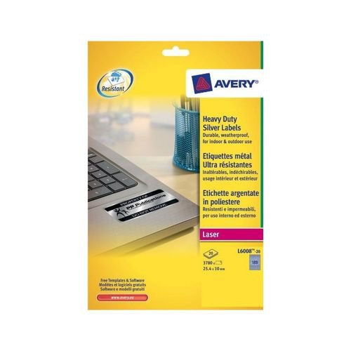 Avery Heavy Duty Labels Laser 189 per Sheet 25.4x10mm Silver 3780 Labels