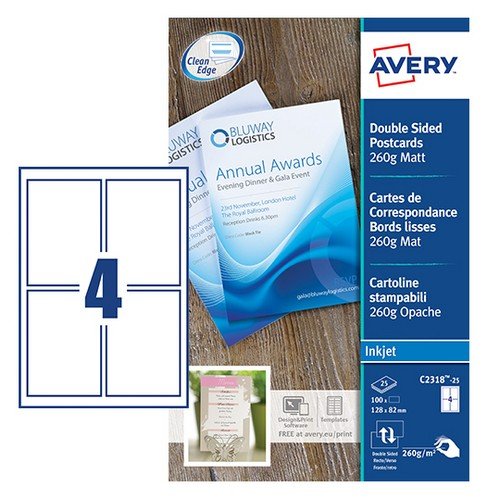 Avery C2318-25 Postcards; 128 x 82 mm; 4 Labels Per Sheet; 100 Labels Per Pack