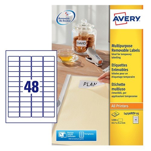 Avery L4736REV-25 Multipurpose Labels; 45.7 x 21.2 mm; Removable; 48 Labels Sht 1200 Labels Per Pack