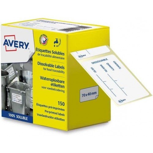 Avery Wash Off/Dissolvable Food Traceability Labels 70 x 40mm (Pack 150) - ETISOLUB.UK
