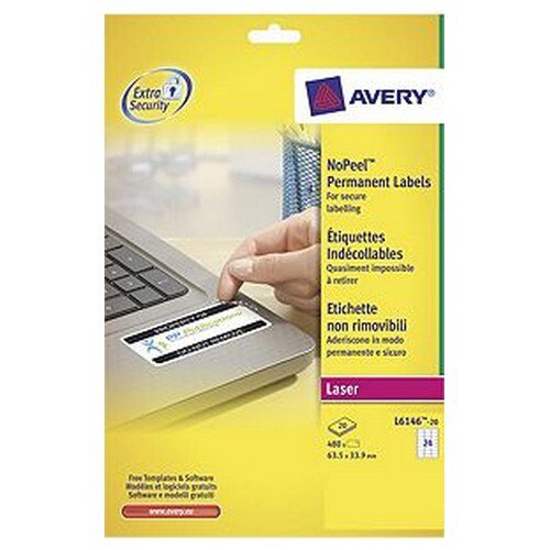 Avery Nopeel Labels Tamper-Proof Durable 24 Per Sheet 63.5X33.9Mm White 480 Labels