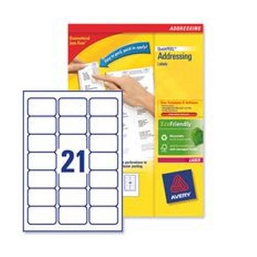 Avery Laser Labels 63.5x.38.1mm 21 Per Sheet White 10500 Labels FSC Pack 500
