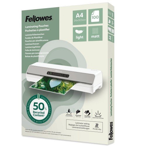 Fellowes Recycled A4 Laminating Pouches Matt Light Duty Pack of 100
