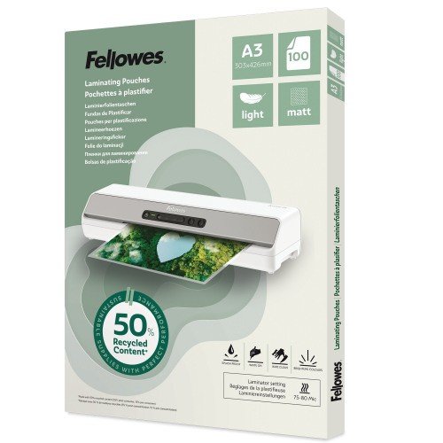 Fellowes Recycled A3 Laminating Pouches Matt Light Duty Pack of 100