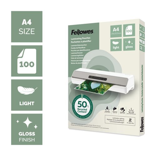 Fellowes Recycled A4 Laminating Pouches Gloss Light Duty Pack of 100