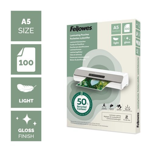 Fellowes Recycled A5 Laminating Pouches Gloss Light Duty Pack of 100